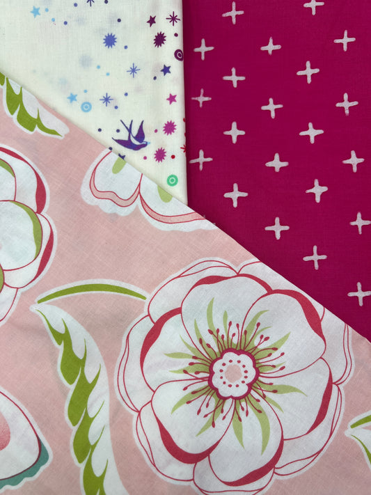 3 Piece - Fat Quarter Bundle / Floral w/ Pink Print and Tula Pink Fairy Dust Print