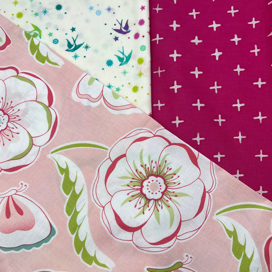 3 Piece - Fat Quarter Bundle / Floral w/ Pink Print and Tula Pink Fairy Dust Print