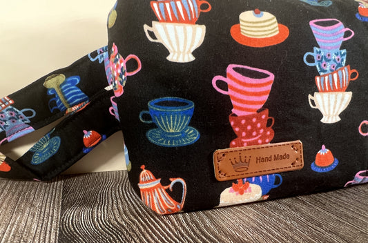 Handmade Structured Box Zipper Bag with Handle | Makeup, Toiletry & Pencil Case in Teacups Print & Cork Fabric