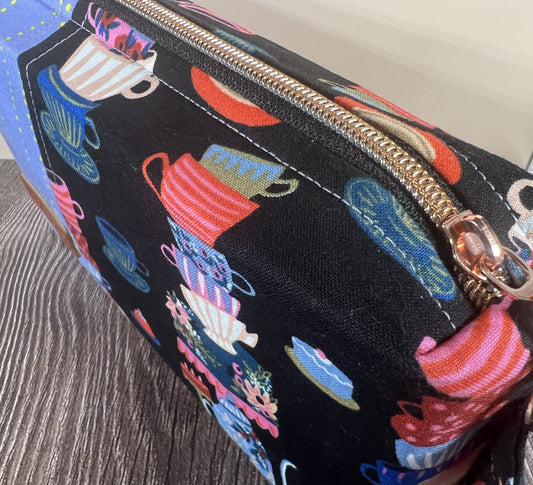 Handmade Structured Box Zipper Bag with Handle | Makeup, Toiletry & Pencil Case in Teacups Print & Lavender