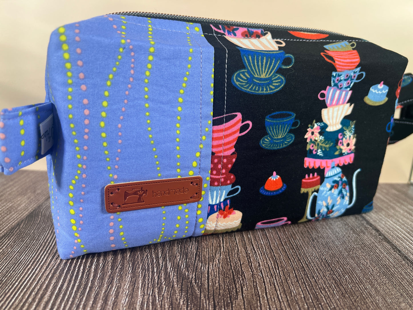 Handmade Structured Box Zipper Bag with Handle | Makeup, Toiletry & Pencil Case in Teacups Print & Lavender