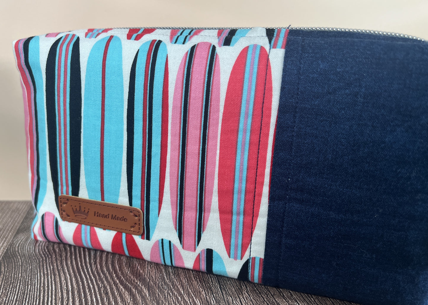 Handmade Structured Box Zipper Bag with Handle | Makeup, Toiletry & Pencil Case In Navy, Blues & Reds