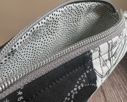 Handmade Structured Box Zipper Bag with Handle | Makeup, Toiletry & Pencil Case In B&W Movie Time
