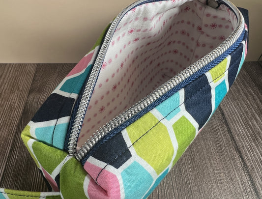 Handmade Structured Box Zipper Bag with Handle | Makeup, Toiletry & Pencil Case In Colourful Tumbling Block