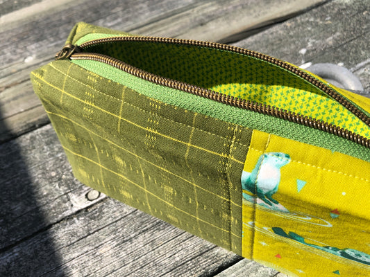 Handmade Structured Box Zipper Bag with Handle | Makeup, Toiletry & Pencil Case in Olive Green w/ Otters