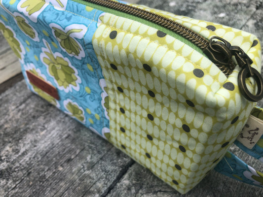 Handmade Structured Box Zipper Bag with Handle | Makeup, Toiletry & Pencil Case in Blue & Green Floral