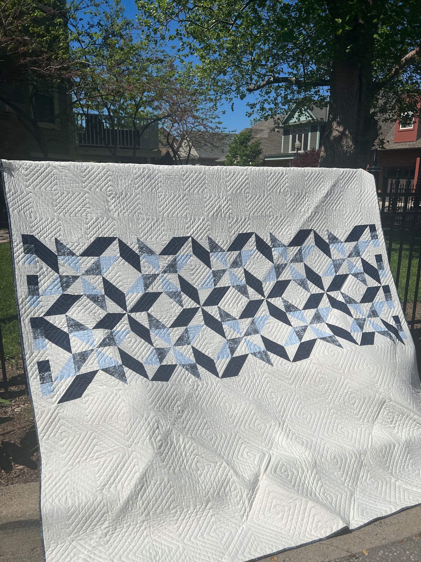 Sorella Queen Quilt Kit Version 2 / Blue Fusion Print w/ Navy and Light Blue with original pattern by Lorna Costantini