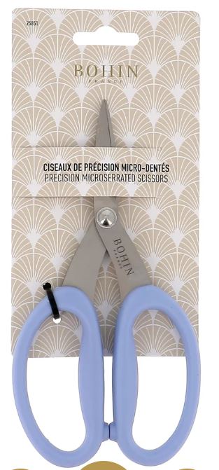 Bohin Precision Micro-Serrated Scissors 6 3/4" - Blue Valdani perle cotton size 12 thread spool for quilting and embroidery