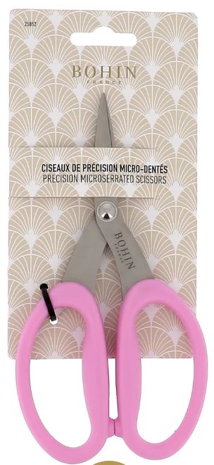 Bohin Precision Micro-Serrated Scissors 6 3/4" - Pink Valdani perle cotton size 12 thread spool for quilting and embroidery