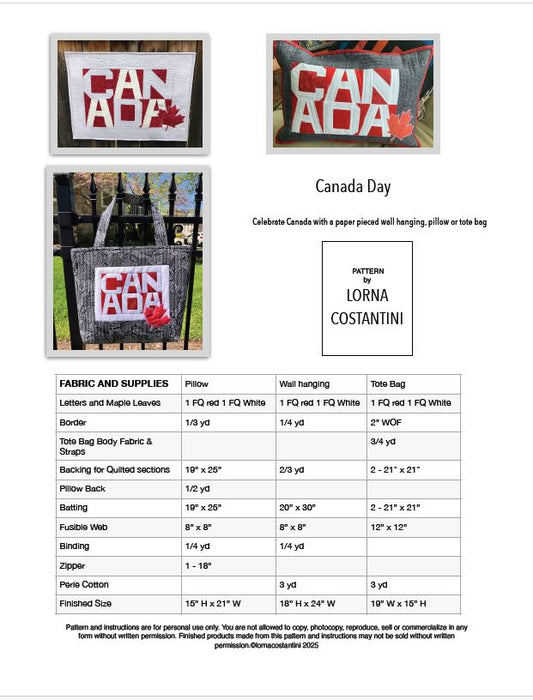 Canada Day - Quilt pattern Pillow and Wall Hanging Pattern / designed by Lorna Costantini