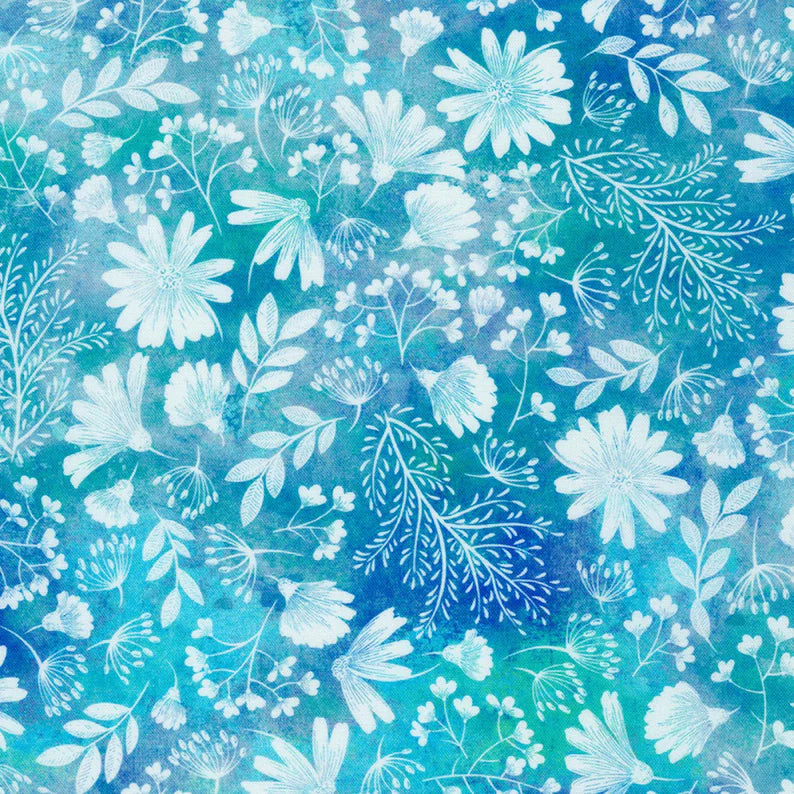 Flowers~Ocean  Fat Quarter - Enchanted Aviary  Collection by Robert Kaufman Fabrics - SLV-22282