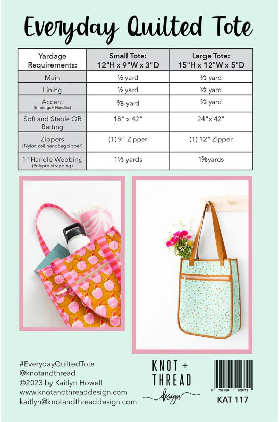 Everyday Quilted Tote Paper Pattern by Knot & Thread Design
