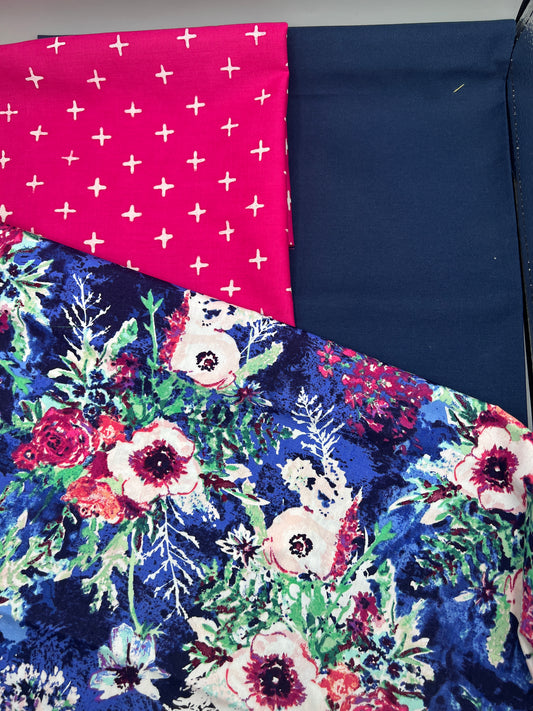 3 Piece - Fat Quarter Bundle / Art Gallery Floral w/ Pink Print and Navy Kona