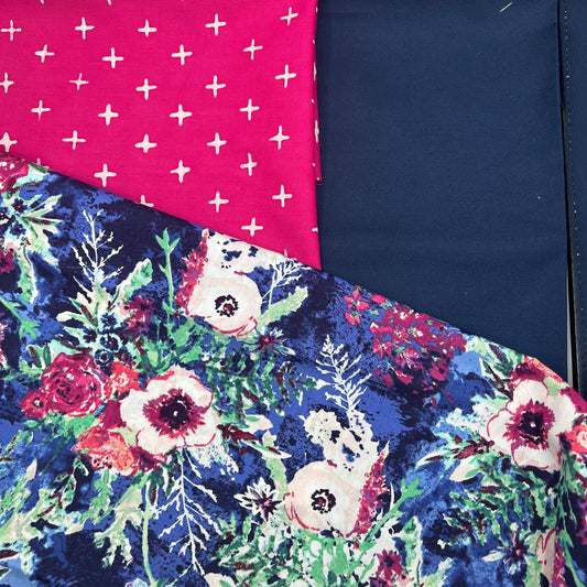 3 Piece - Fat Quarter Bundle / Art Gallery Floral w/ Pink Print and Navy Kona