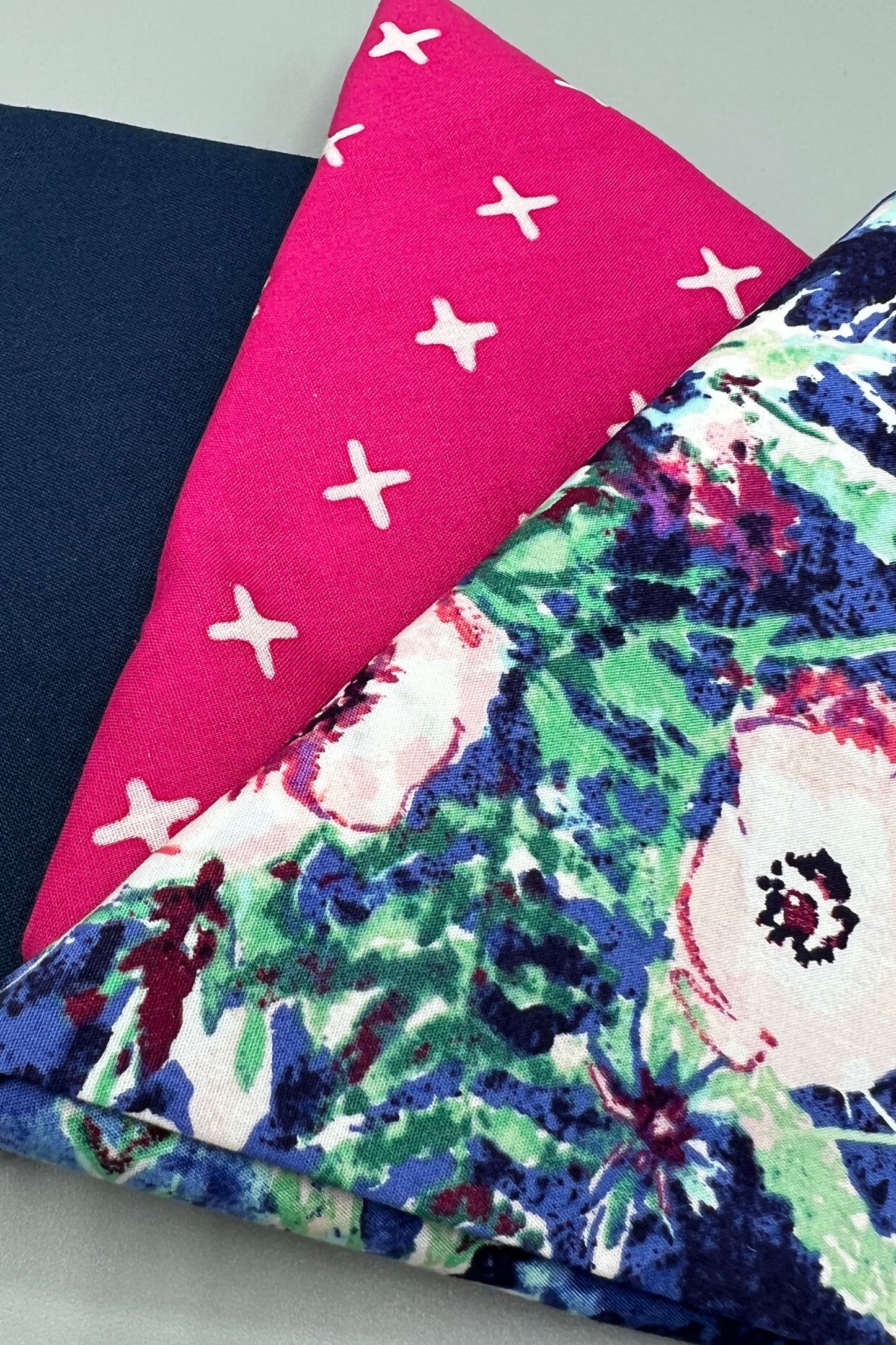 3 Piece - Fat Quarter Bundle / Art Gallery Floral w/ Pink Print and Navy Kona