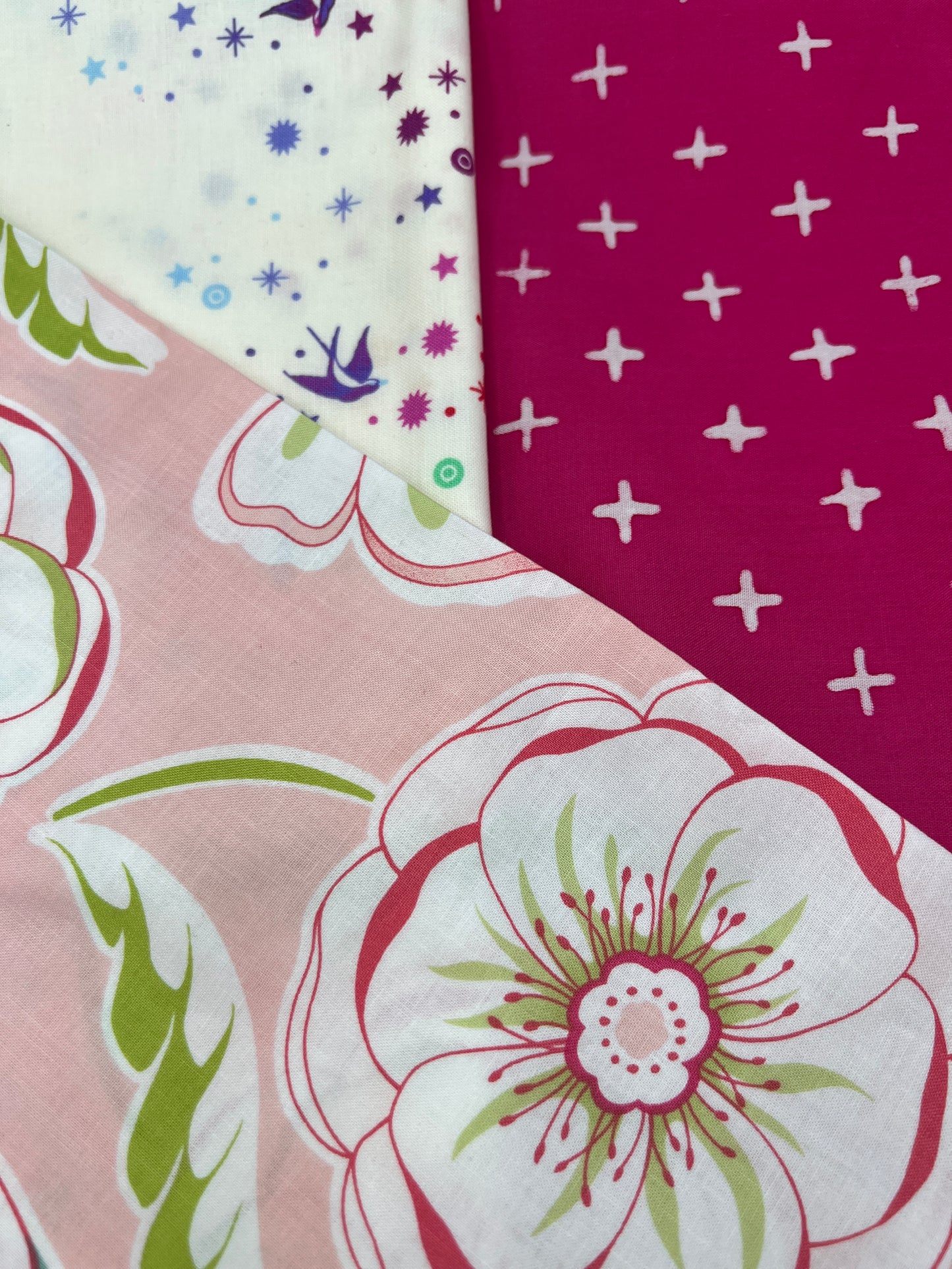 3 Piece - Fat Quarter Bundle / Floral w/ Pink Print and Tula Pink Fairy Dust Print