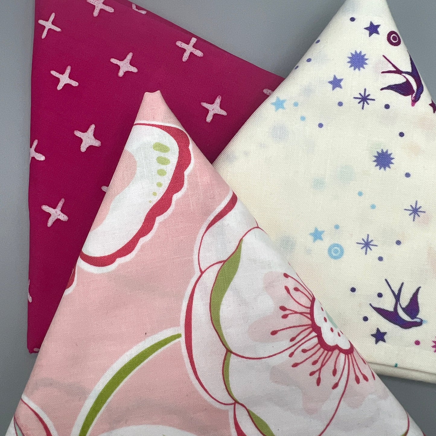 3 Piece - Fat Quarter Bundle / Floral w/ Pink Print and Tula Pink Fairy Dust Print