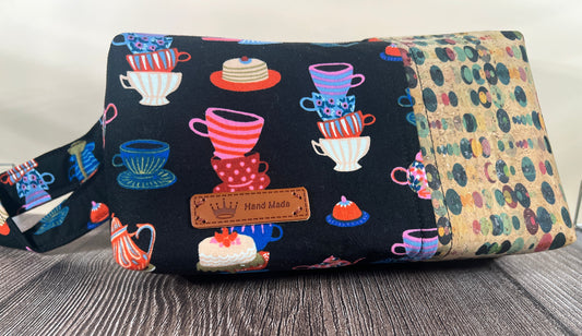 Handmade Structured Box Zipper Bag with Handle | Makeup, Toiletry & Pencil Case in Teacups Print & Cork Fabric