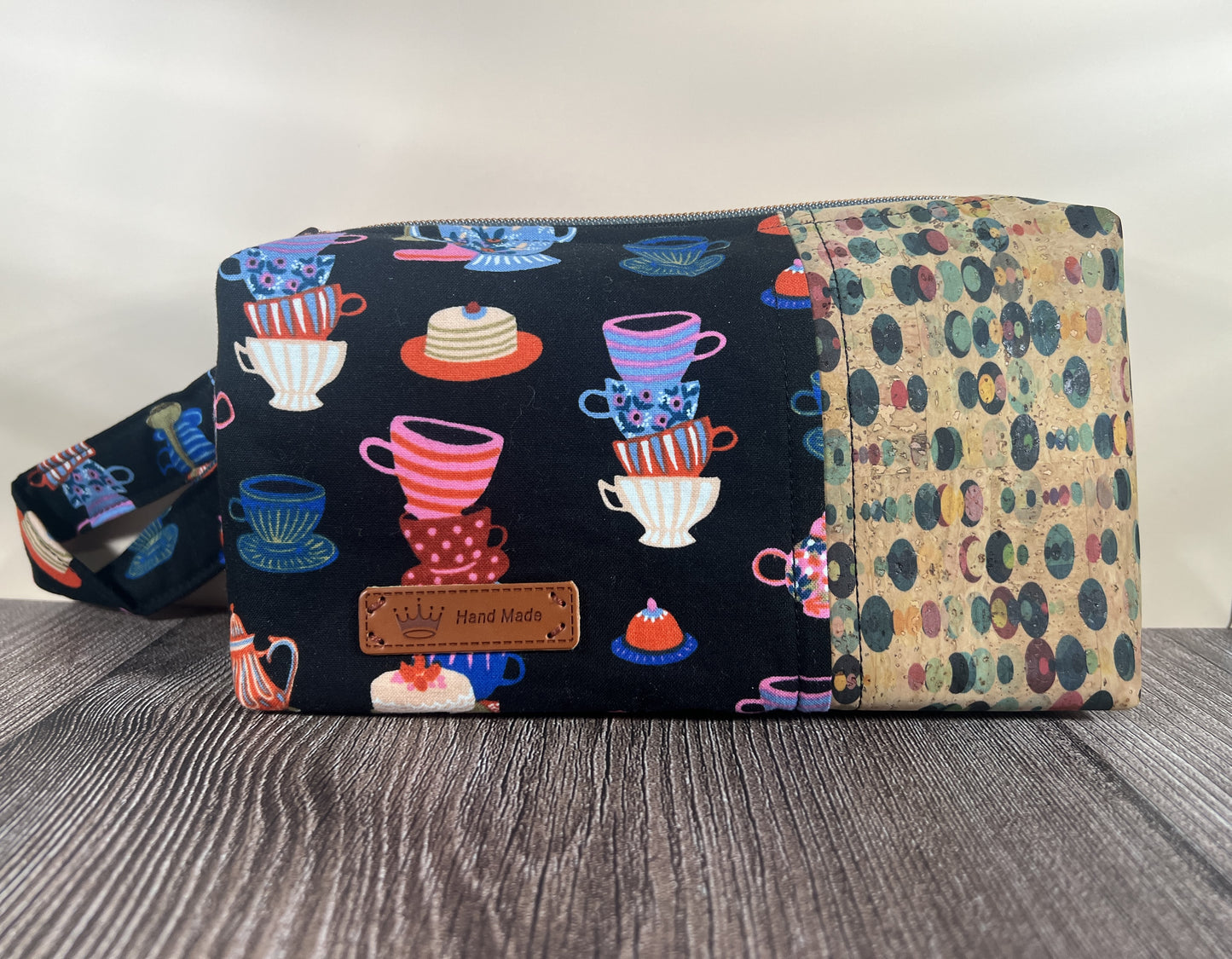 Handmade Structured Box Zipper Bag with Handle | Makeup, Toiletry & Pencil Case in Teacups Print & Cork Fabric