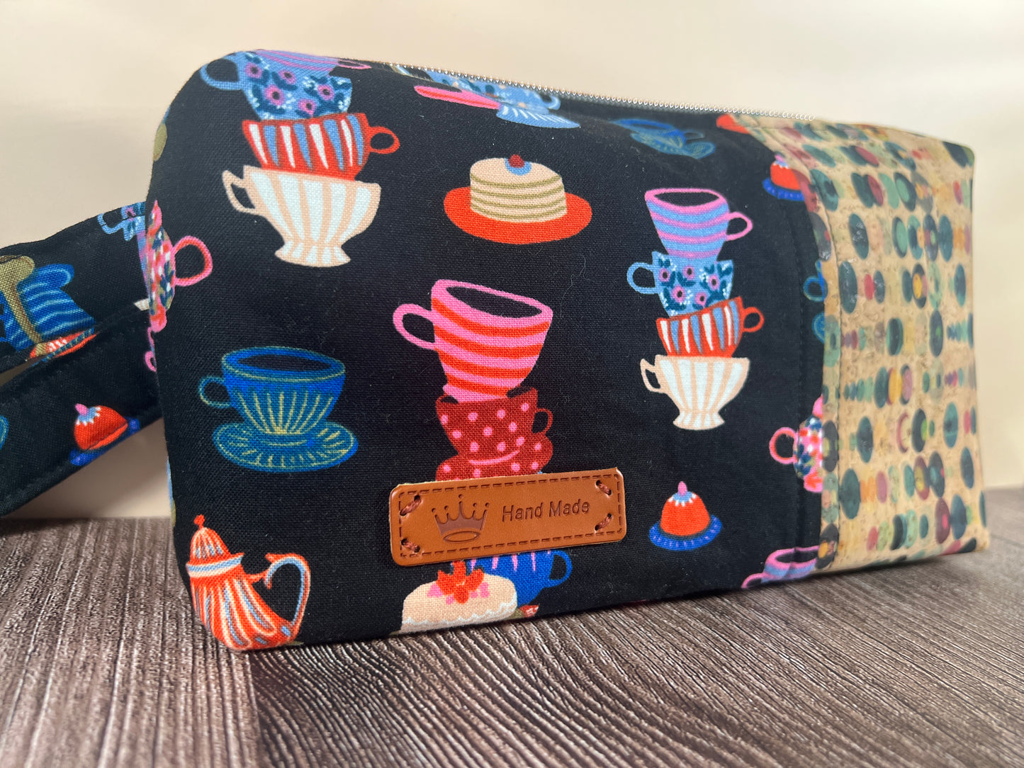 Handmade Structured Box Zipper Bag with Handle | Makeup, Toiletry & Pencil Case in Teacups Print & Cork Fabric