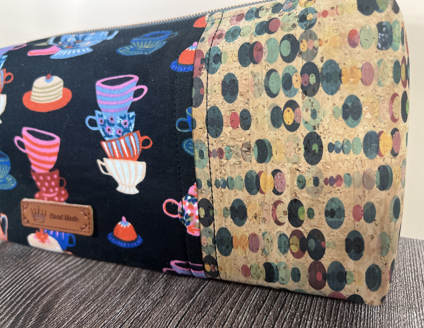 Handmade Structured Box Zipper Bag with Handle | Makeup, Toiletry & Pencil Case in Teacups Print & Cork Fabric