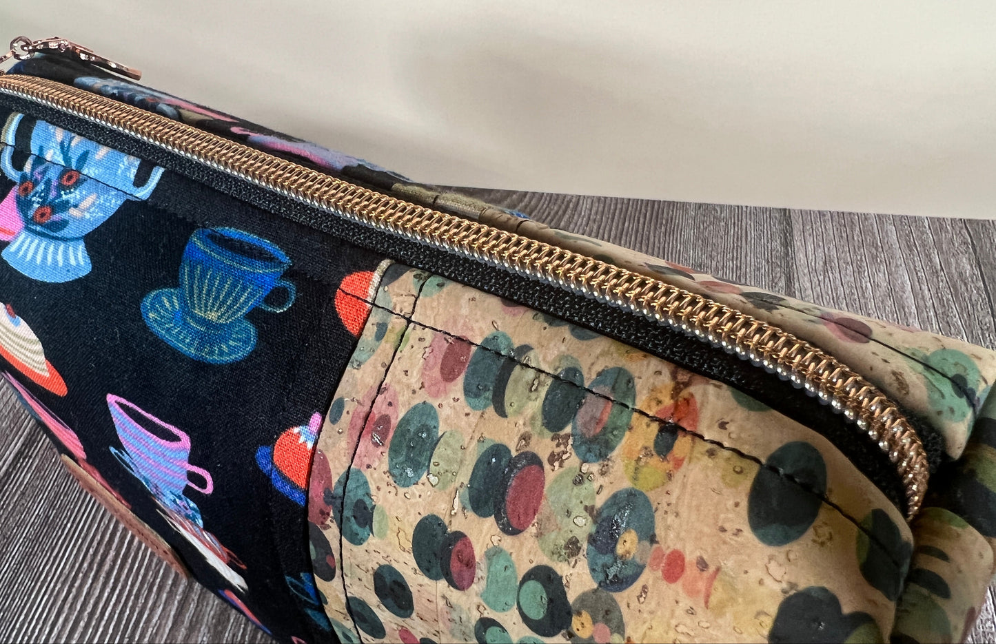 Handmade Structured Box Zipper Bag with Handle | Makeup, Toiletry & Pencil Case in Teacups Print & Cork Fabric