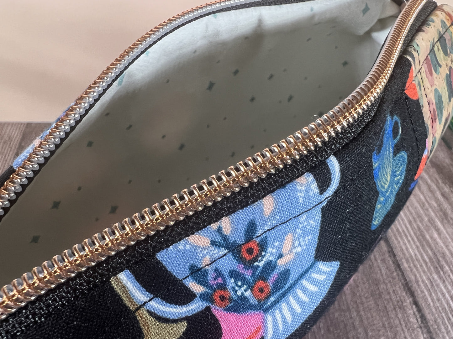 Handmade Structured Box Zipper Bag with Handle | Makeup, Toiletry & Pencil Case in Teacups Print & Cork Fabric