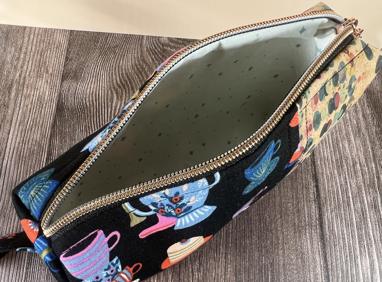 Handmade Structured Box Zipper Bag with Handle | Makeup, Toiletry & Pencil Case in Teacups Print & Cork Fabric