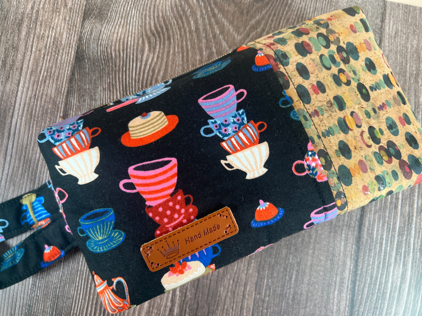 Handmade Structured Box Zipper Bag with Handle | Makeup, Toiletry & Pencil Case in Teacups Print & Cork Fabric