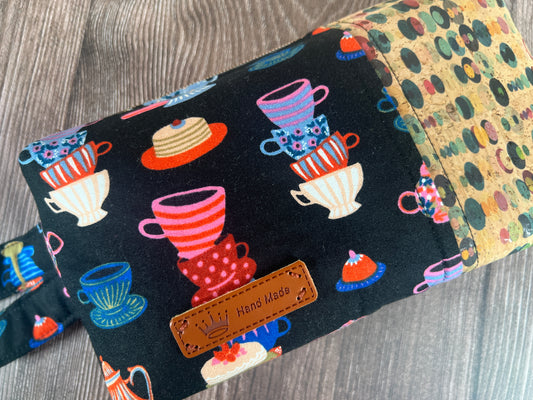 Handmade Structured Box Zipper Bag with Handle | Makeup, Toiletry & Pencil Case in Teacups Print & Cork Fabric