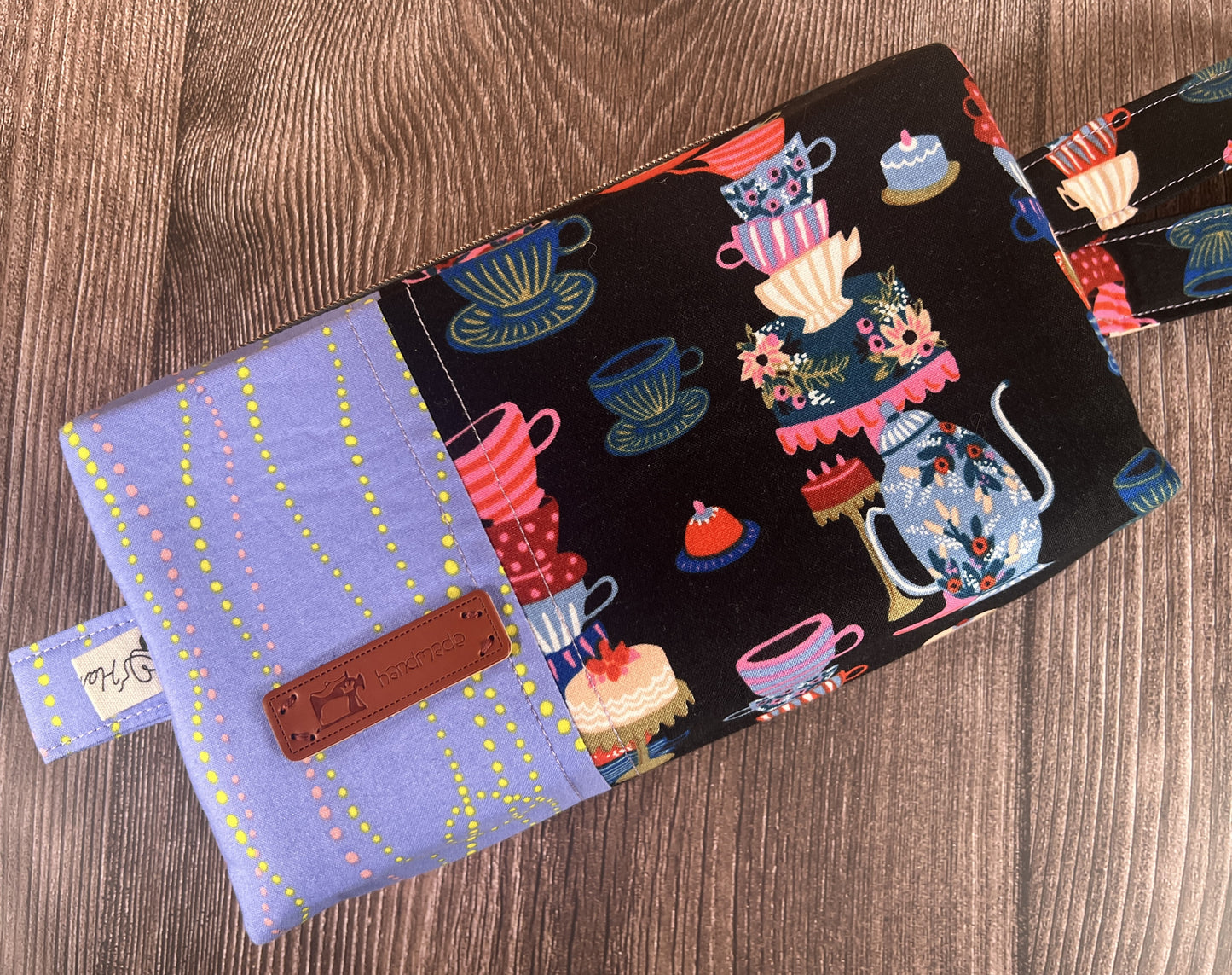 Handmade Structured Box Zipper Bag with Handle | Makeup, Toiletry & Pencil Case in Teacups Print & Lavender