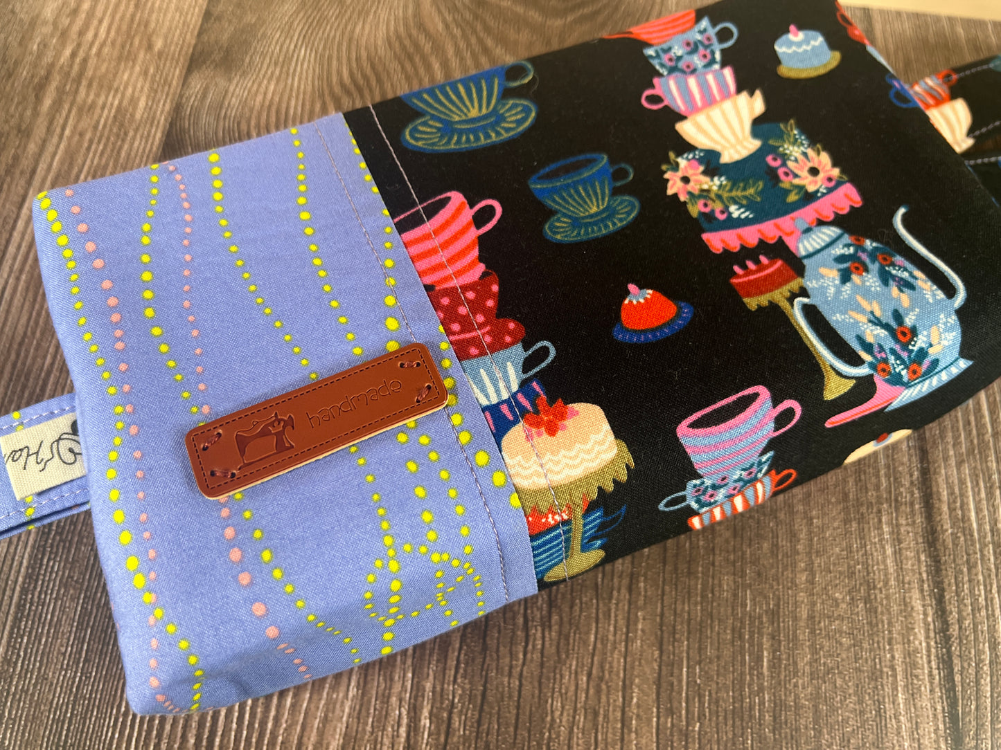 Handmade Structured Box Zipper Bag with Handle | Makeup, Toiletry & Pencil Case in Teacups Print & Lavender