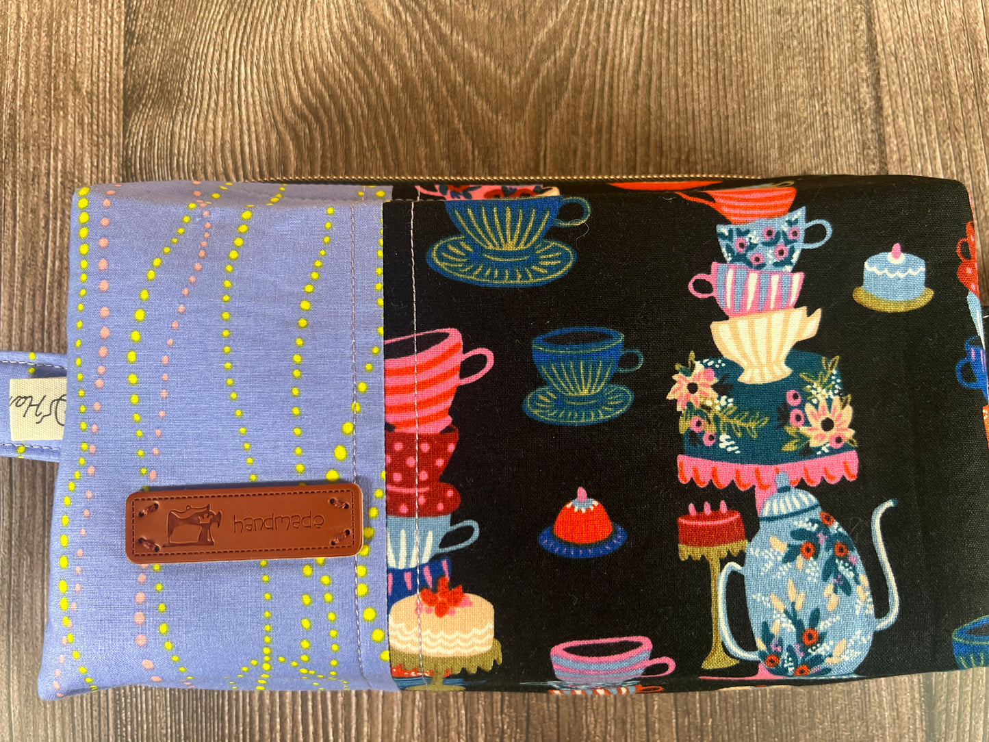 Handmade Structured Box Zipper Bag with Handle | Makeup, Toiletry & Pencil Case in Teacups Print & Lavender