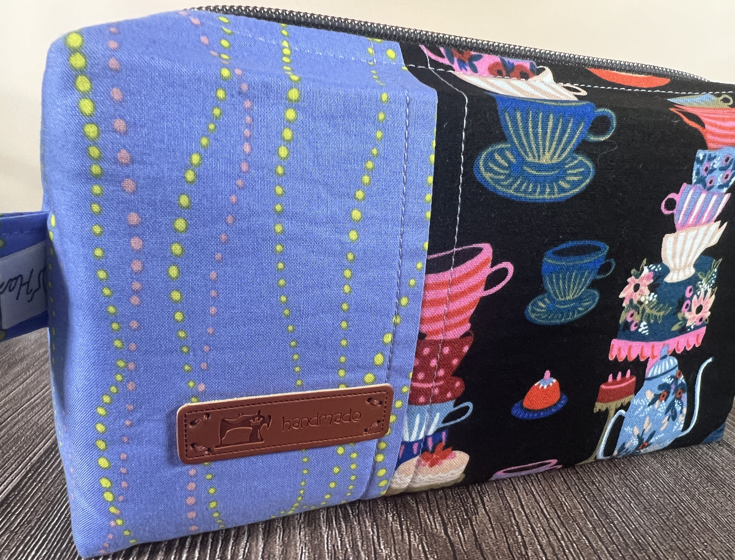 Handmade Structured Box Zipper Bag with Handle | Makeup, Toiletry & Pencil Case in Teacups Print & Lavender