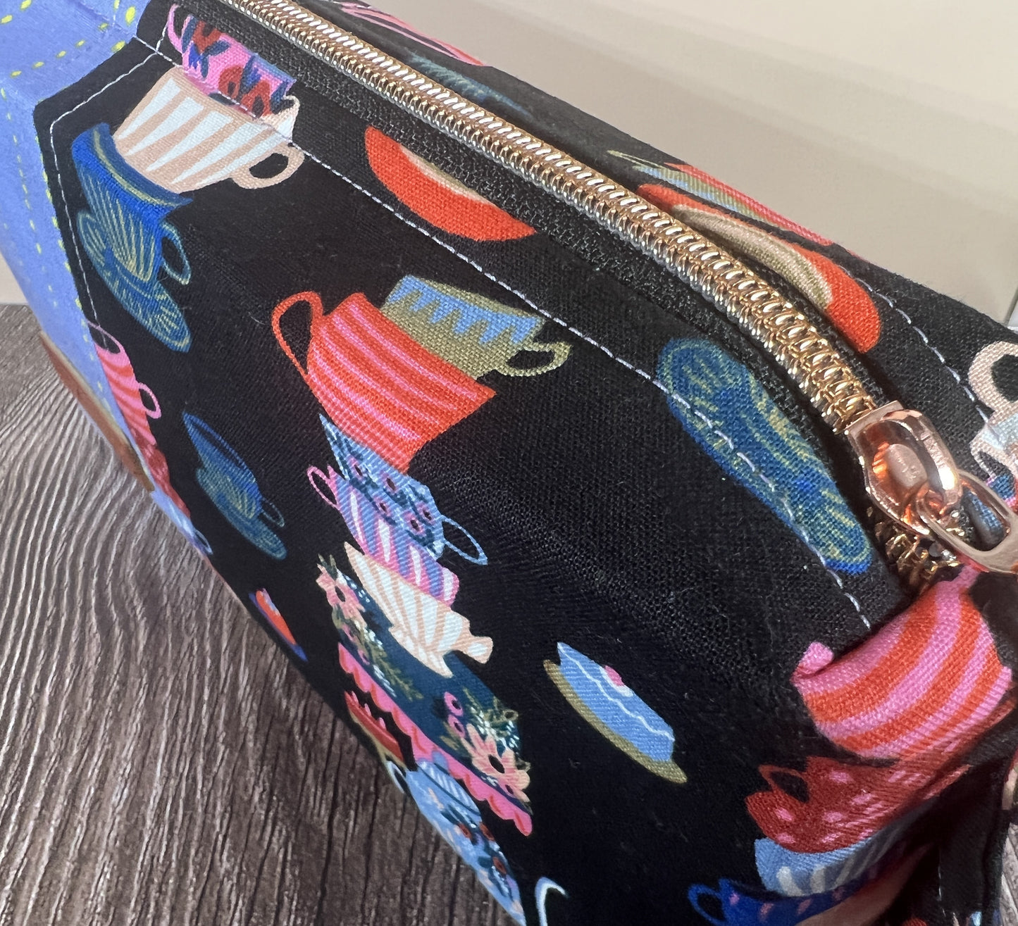 Handmade Structured Box Zipper Bag with Handle | Makeup, Toiletry & Pencil Case in Teacups Print & Lavender