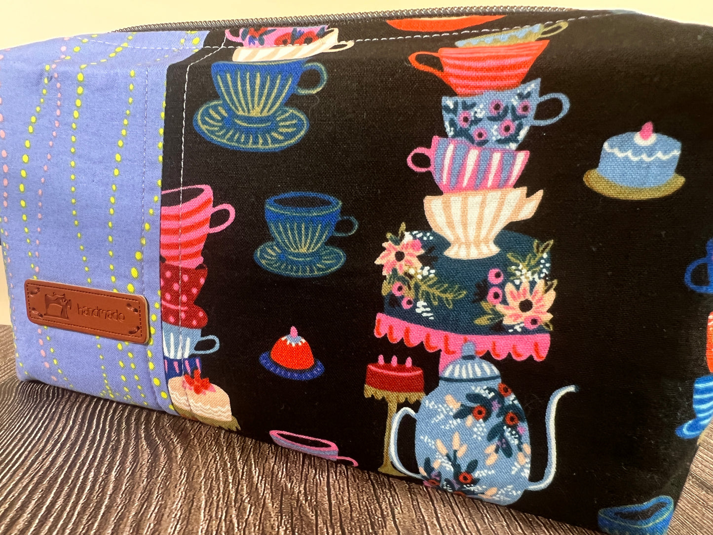 Handmade Structured Box Zipper Bag with Handle | Makeup, Toiletry & Pencil Case in Teacups Print & Lavender