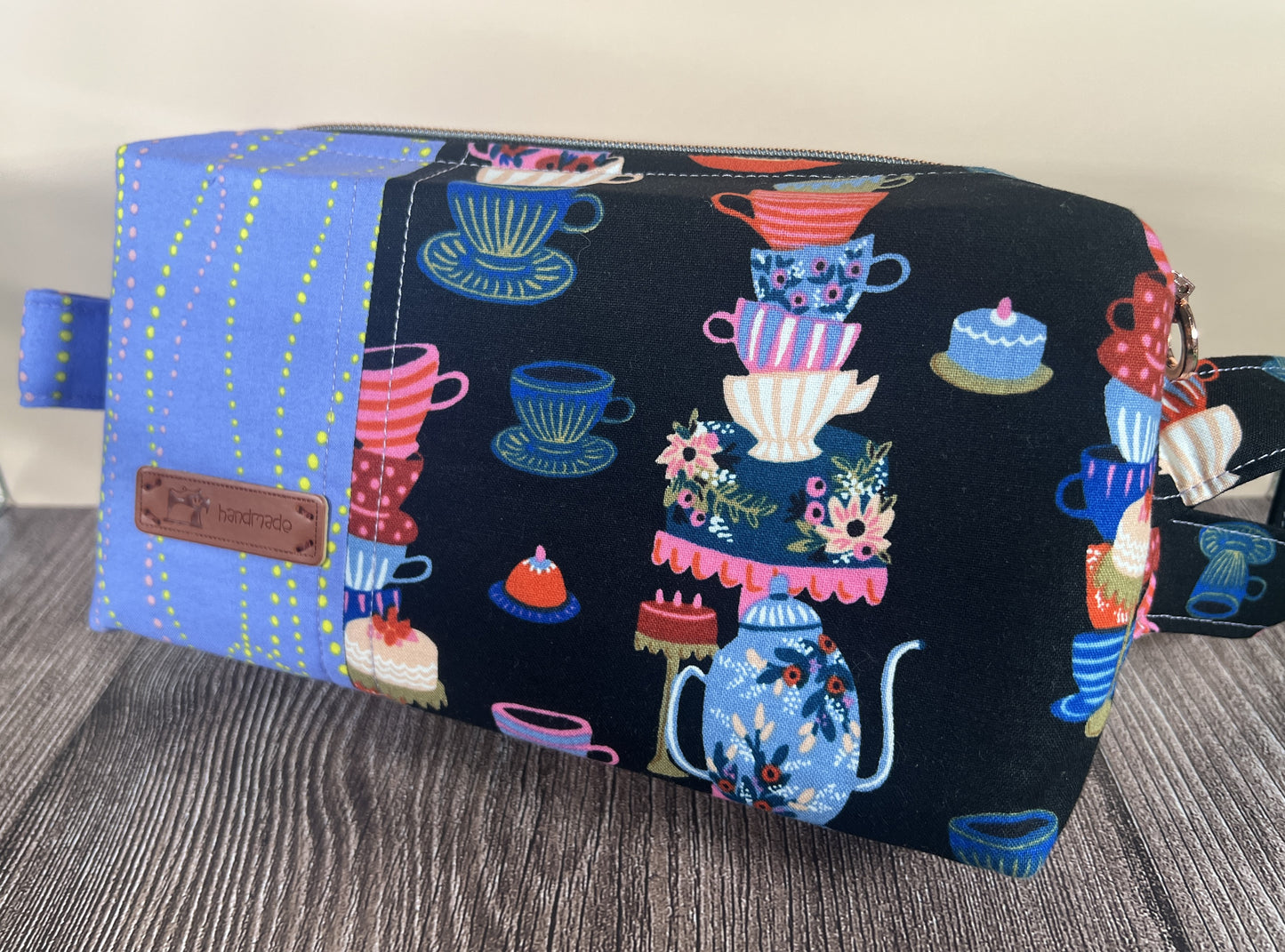 Handmade Structured Box Zipper Bag with Handle | Makeup, Toiletry & Pencil Case in Teacups Print & Lavender