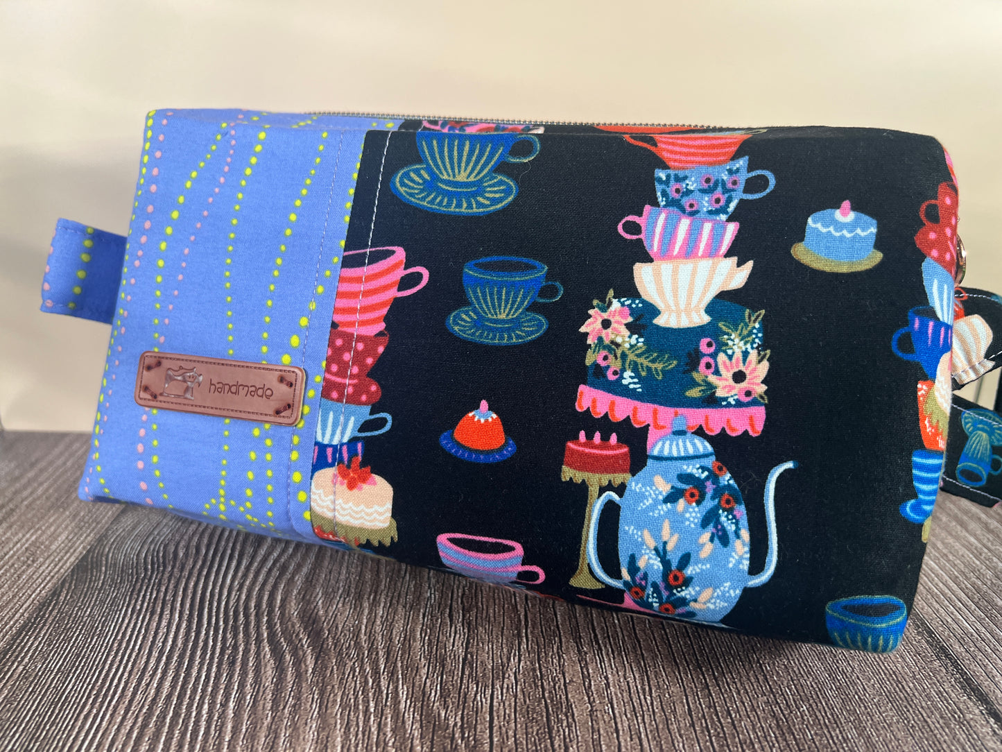 Handmade Structured Box Zipper Bag with Handle | Makeup, Toiletry & Pencil Case in Teacups Print & Lavender