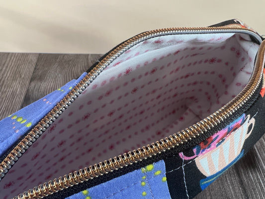 Handmade Structured Box Zipper Bag with Handle | Makeup, Toiletry & Pencil Case in Teacups Print & Lavender