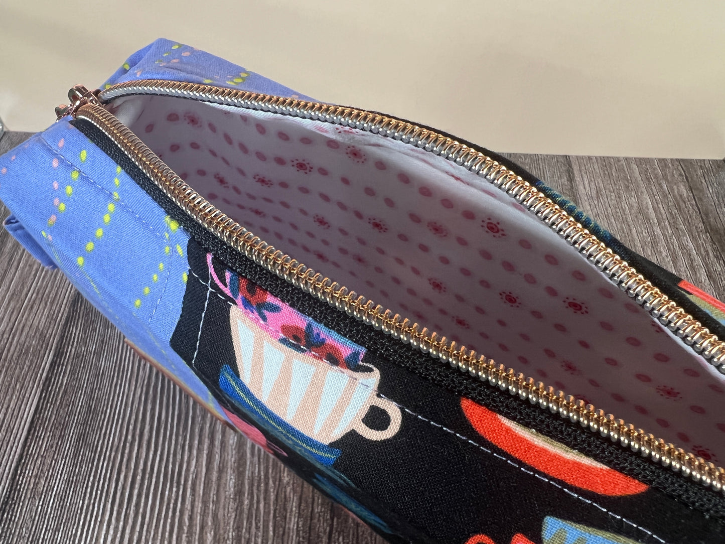 Handmade Structured Box Zipper Bag with Handle | Makeup, Toiletry & Pencil Case in Teacups Print & Lavender