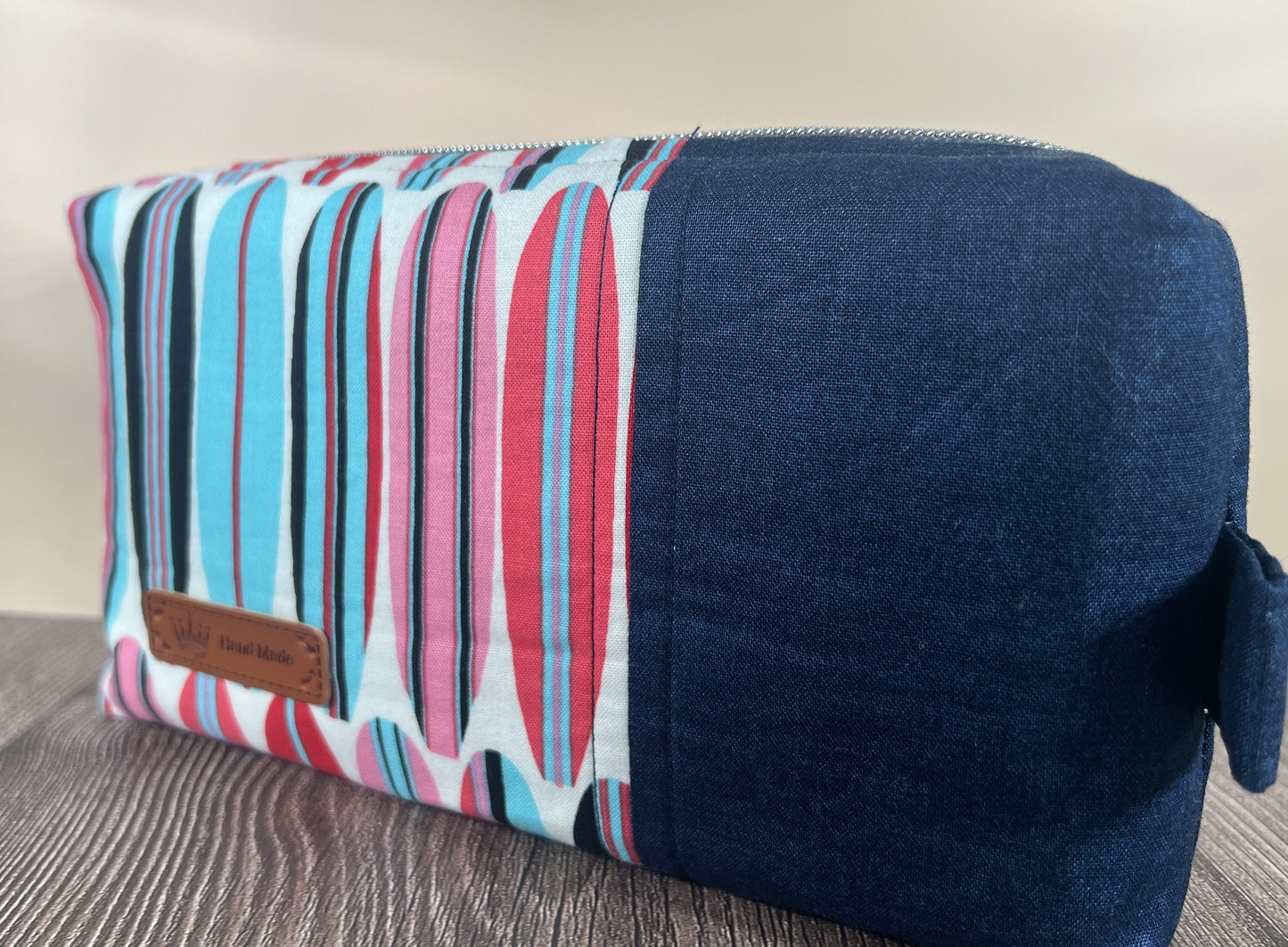 Handmade Structured Box Zipper Bag with Handle | Makeup, Toiletry & Pencil Case In Navy, Blues & Reds