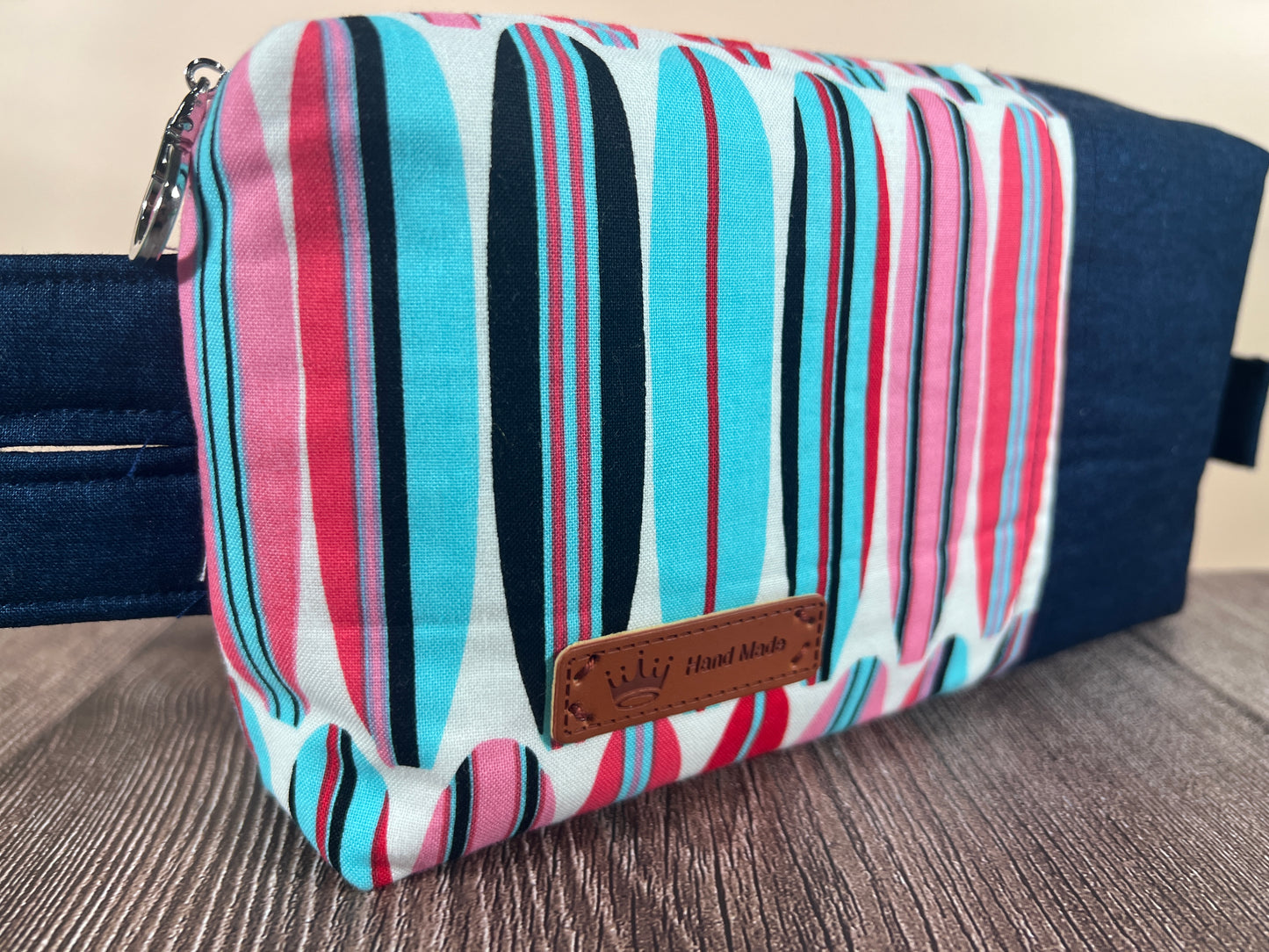 Handmade Structured Box Zipper Bag with Handle | Makeup, Toiletry & Pencil Case In Navy, Blues & Reds