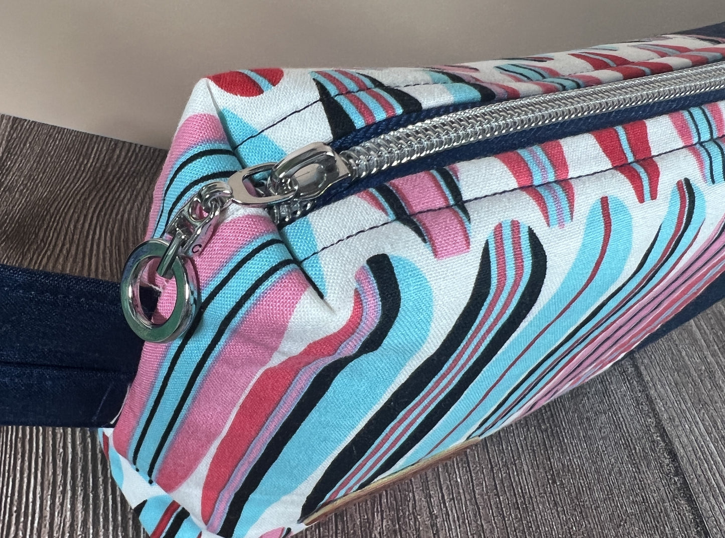 Handmade Structured Box Zipper Bag with Handle | Makeup, Toiletry & Pencil Case In Navy, Blues & Reds