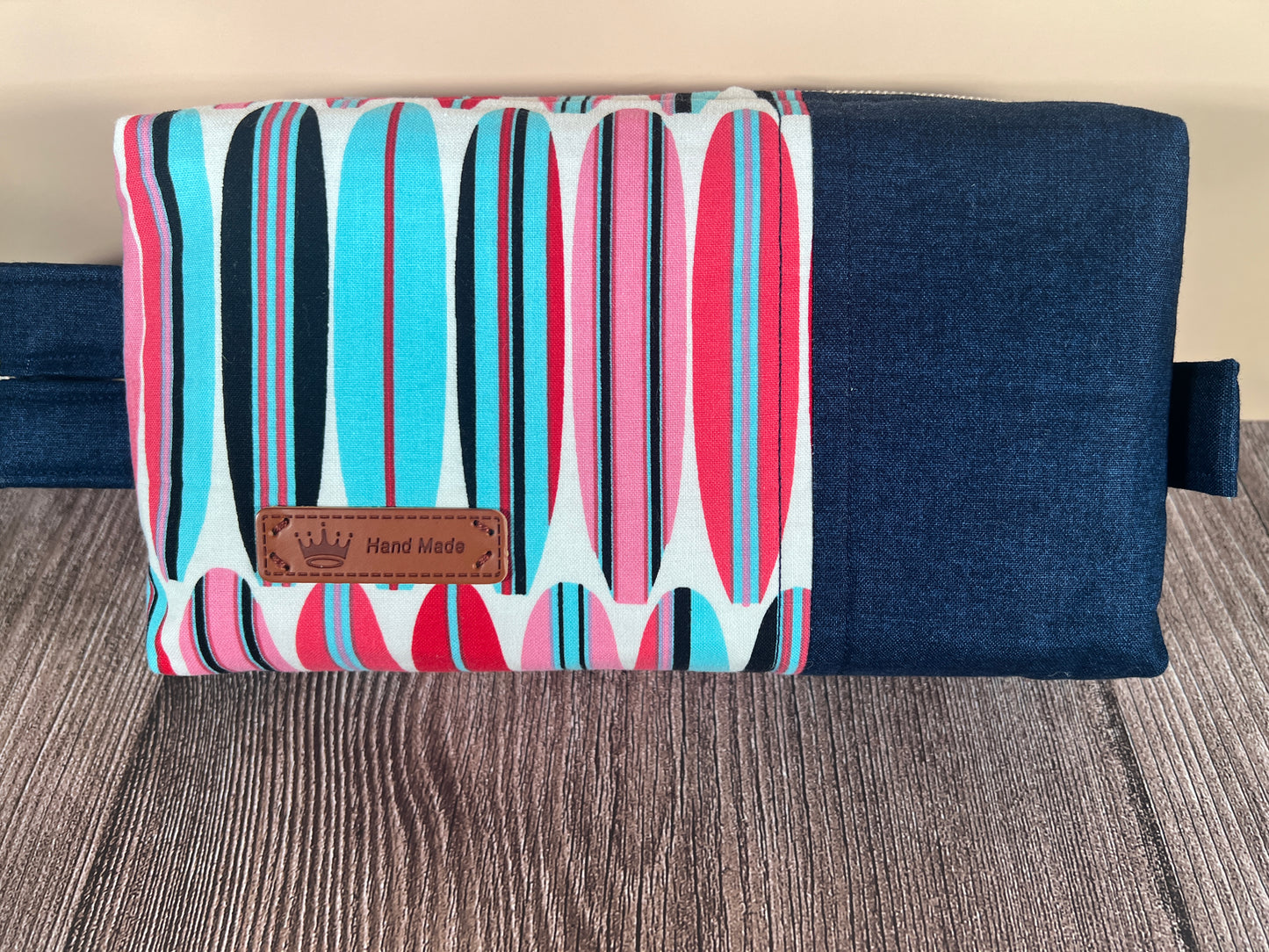 Handmade Structured Box Zipper Bag with Handle | Makeup, Toiletry & Pencil Case In Navy, Blues & Reds