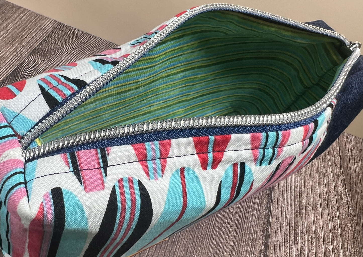 Handmade Structured Box Zipper Bag with Handle | Makeup, Toiletry & Pencil Case In Navy, Blues & Reds