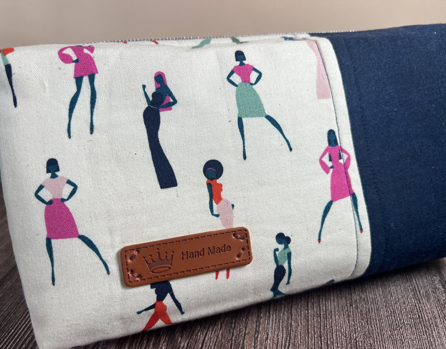 Handmade Structured Box Zipper Bag with Handle | Makeup, Toiletry & Pencil Case In Ruby Star Society & Navy