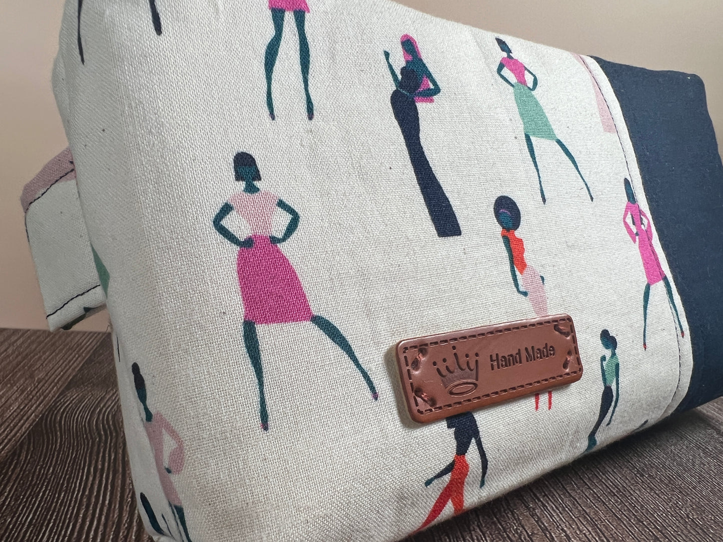 Handmade Structured Box Zipper Bag with Handle | Makeup, Toiletry & Pencil Case In Ruby Star Society & Navy