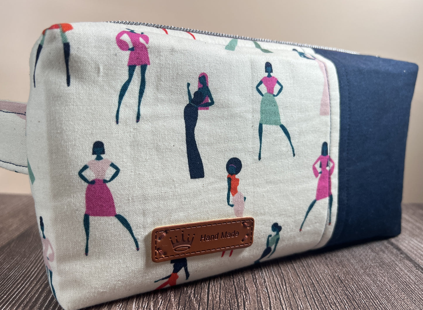 Handmade Structured Box Zipper Bag with Handle | Makeup, Toiletry & Pencil Case In Ruby Star Society & Navy