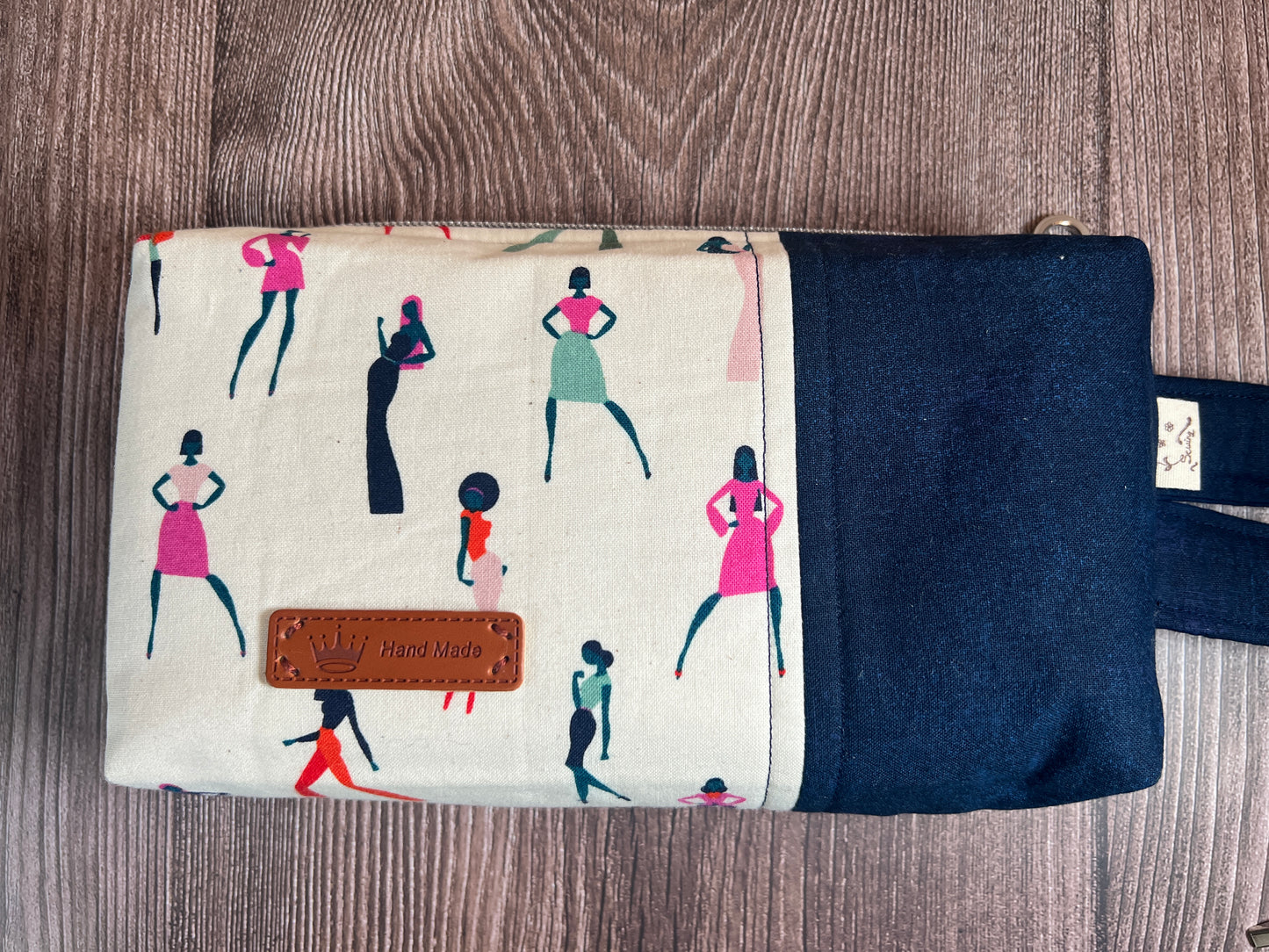 Handmade Structured Box Zipper Bag with Handle | Makeup, Toiletry & Pencil Case In Ruby Star Society & Navy