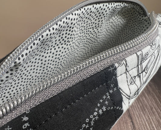 Handmade Structured Box Zipper Bag with Handle | Makeup, Toiletry & Pencil Case In B&W Movie Time